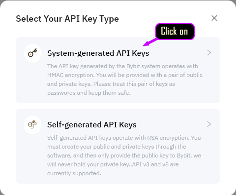 System Generated API Keys Selection