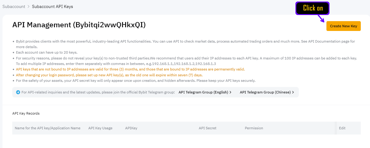 Create New API Key Button