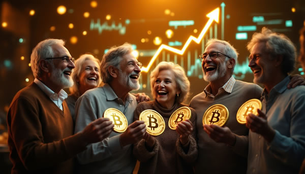 Retired couple celebrating crypto trading success