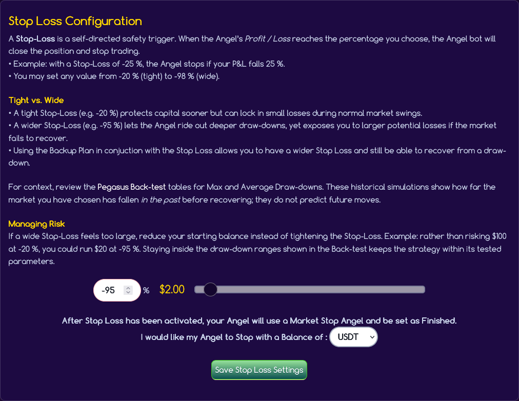 Stop Loss Settings Screenshot